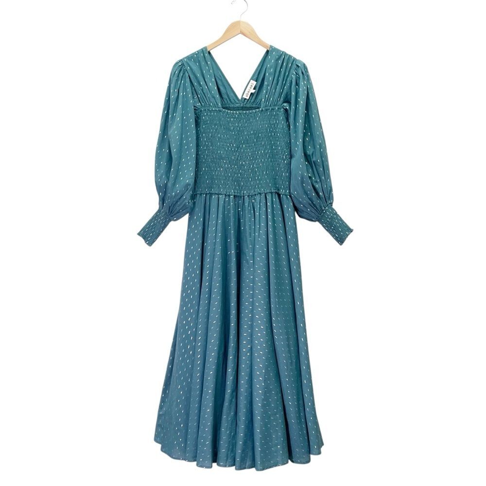 Abacaxi Eva Dress Teal Metallic Cotton Maxi Puff Sleeve Smocked Bodice Sz Large - Picture 2 of 16